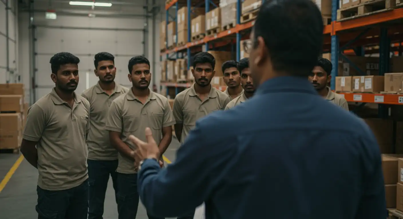 Group of male delivery riders taking training with male trainer in a warehouse provided by NSD