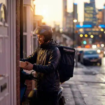 Male delivery rider in dubai giving parcel at delivery point with his delivery bike.