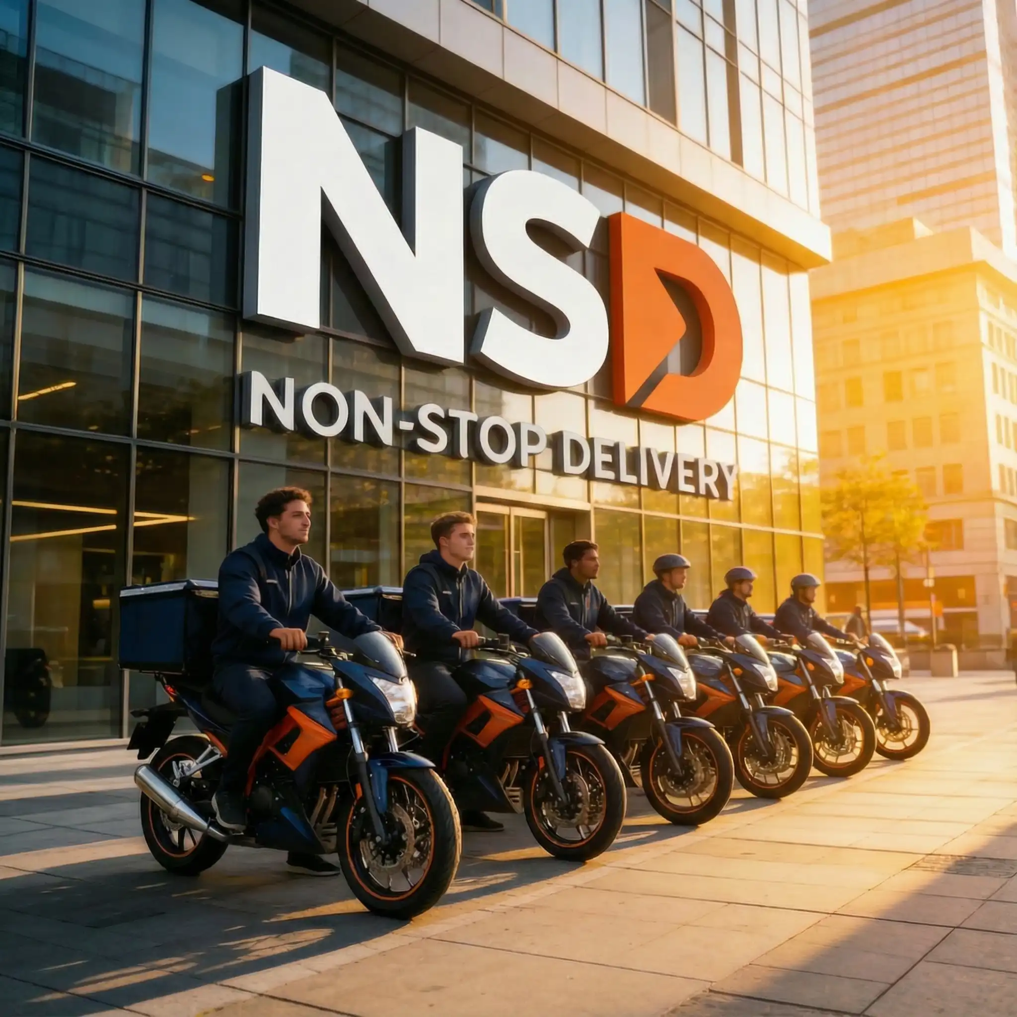 Group of male delivery riders in dubai employee of NSD standing outside of NSD office
